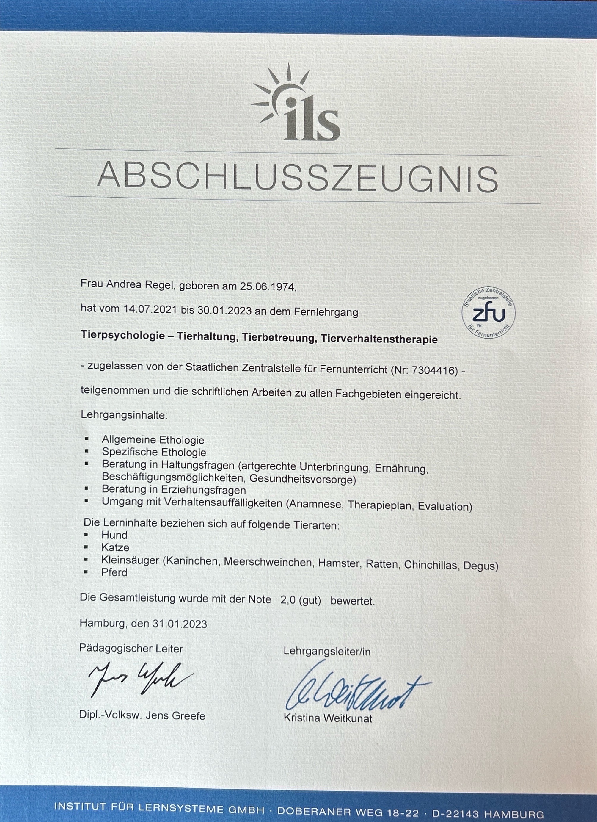 Mein ILS Zertifikat welches ich mit der Note 2.0 bestanden habe.